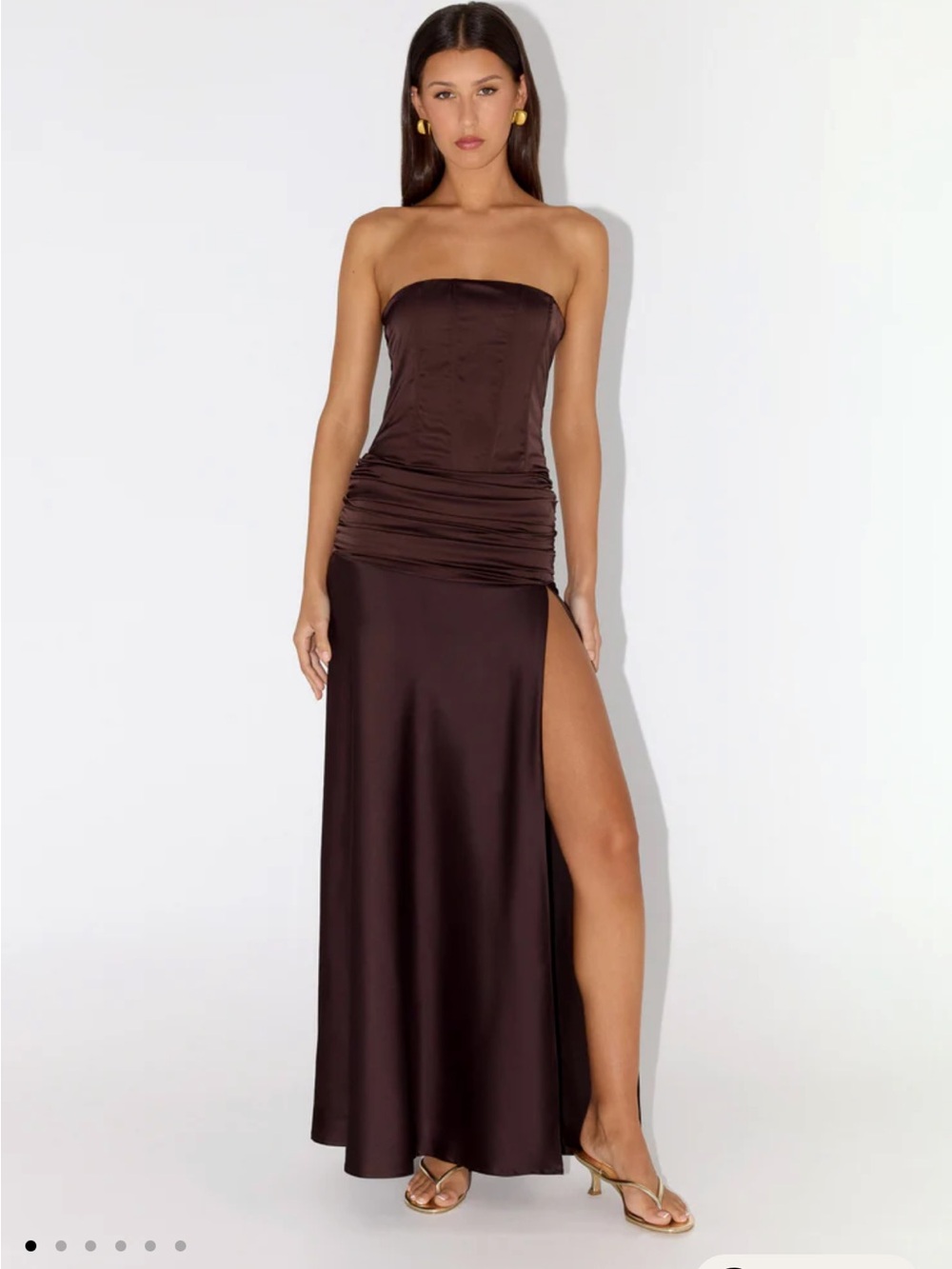 Peppermayo Strapless Maxi Dress in Chocolate Brown with Thigh Slit